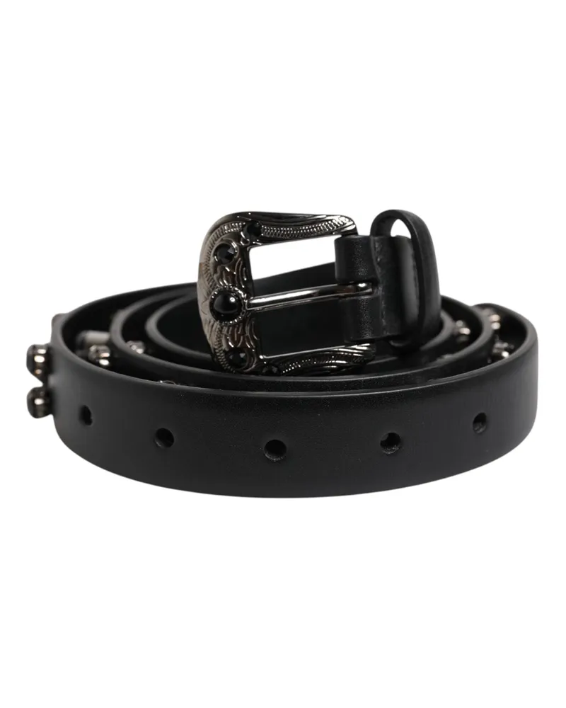 Dolce & Gabbana Men's Black Studded Leather Metal Logo Buckle Belt Black