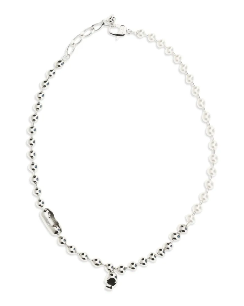 Alexander McQueen Men's Necklace Pearl Skull White Brass Necklaces Silver