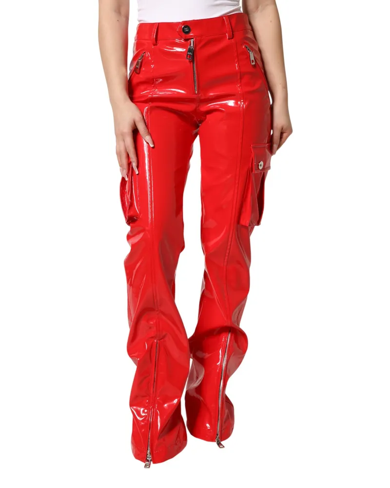 Dolce & Gabbana Women Red Glossy Polyester Cargo Boot Cut Pants 08+pl+pu Red