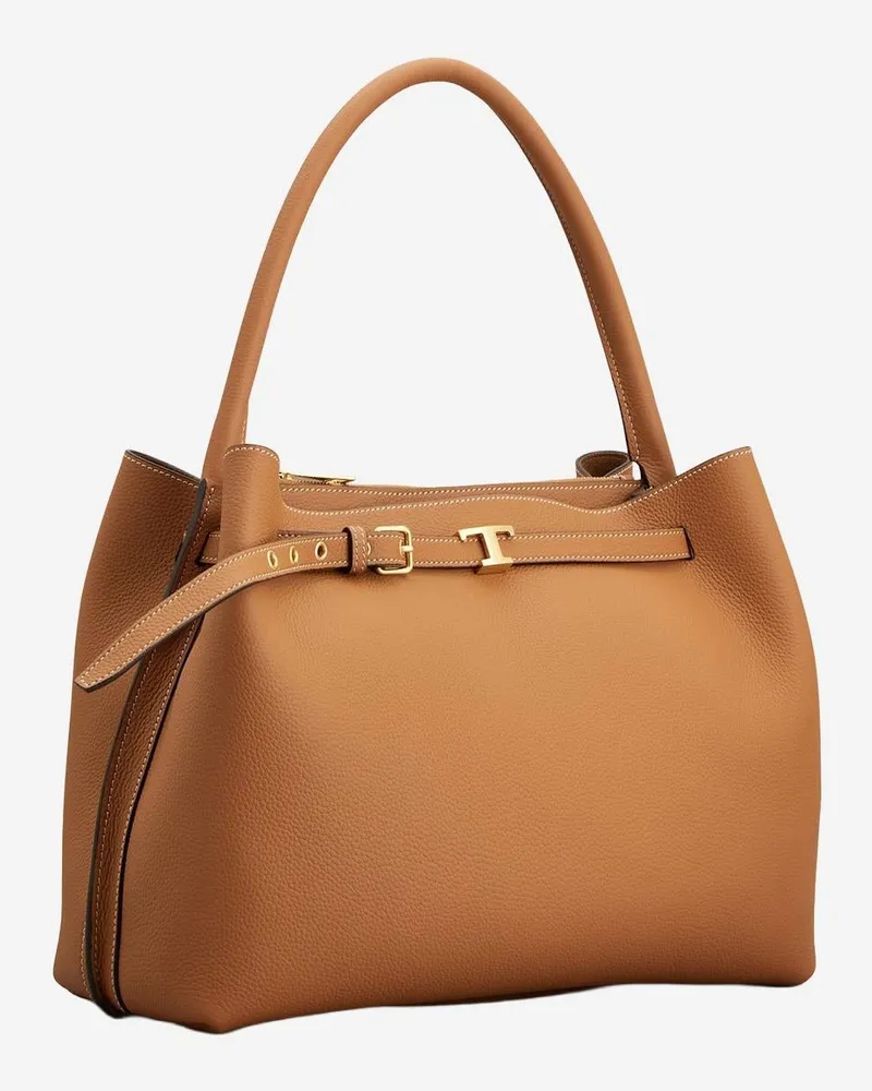 TOD'S Women's Leather Handbag With Logo Brown Calfskin Handbags Hand Bags Brown