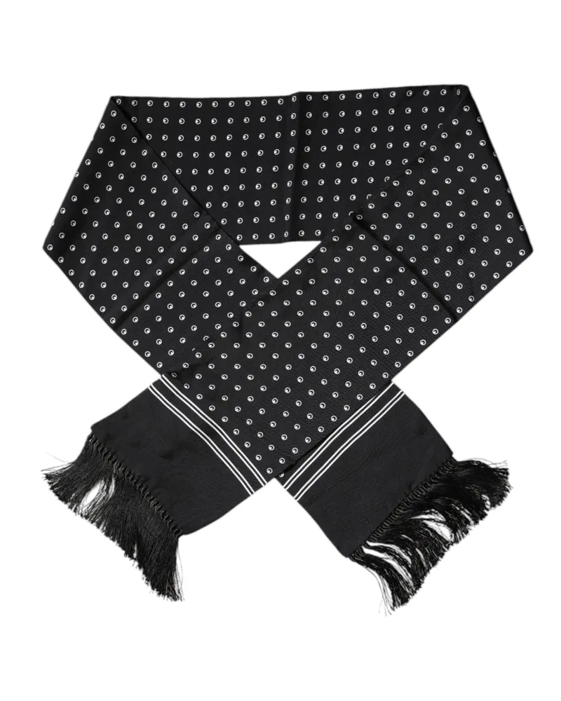 Dolce & Gabbana Men's Black White Polka Dotted Silk Skinny Fringes Scarf Black