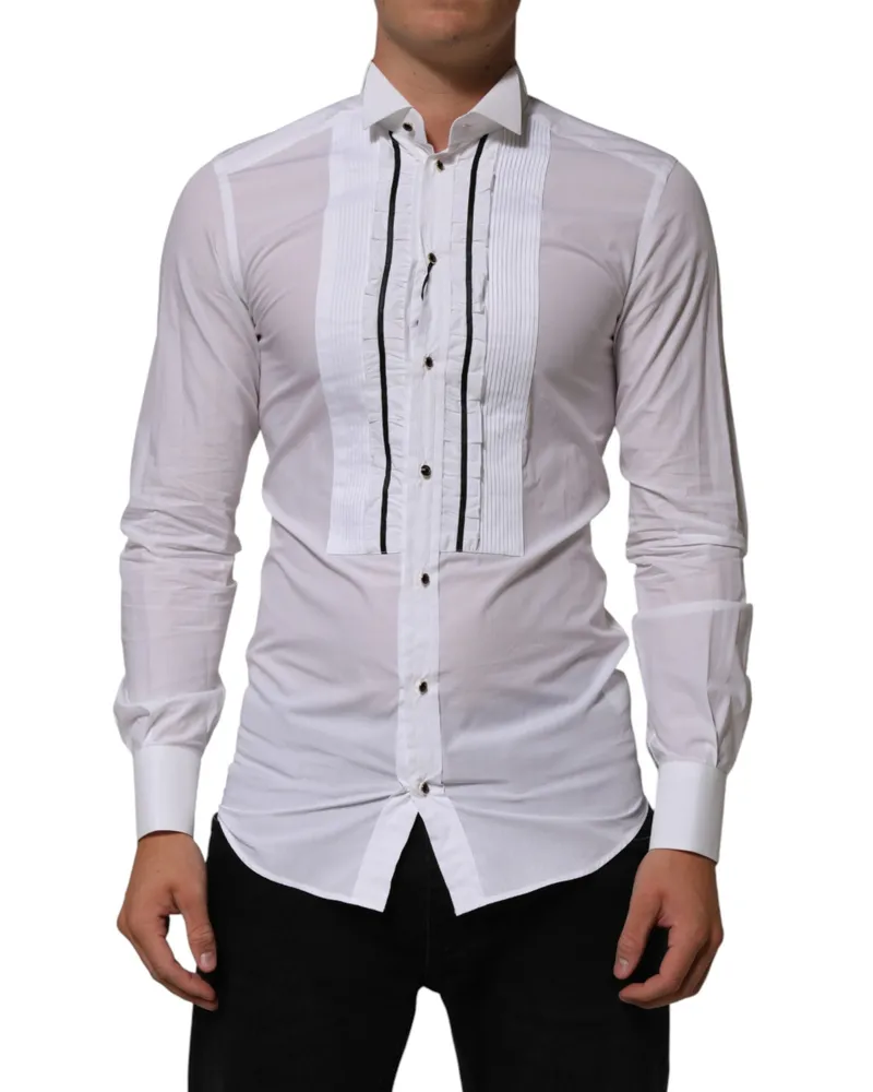 Dolce & Gabbana Men's White Cotton Collared Long Sleeve Gold Dress Shirt White