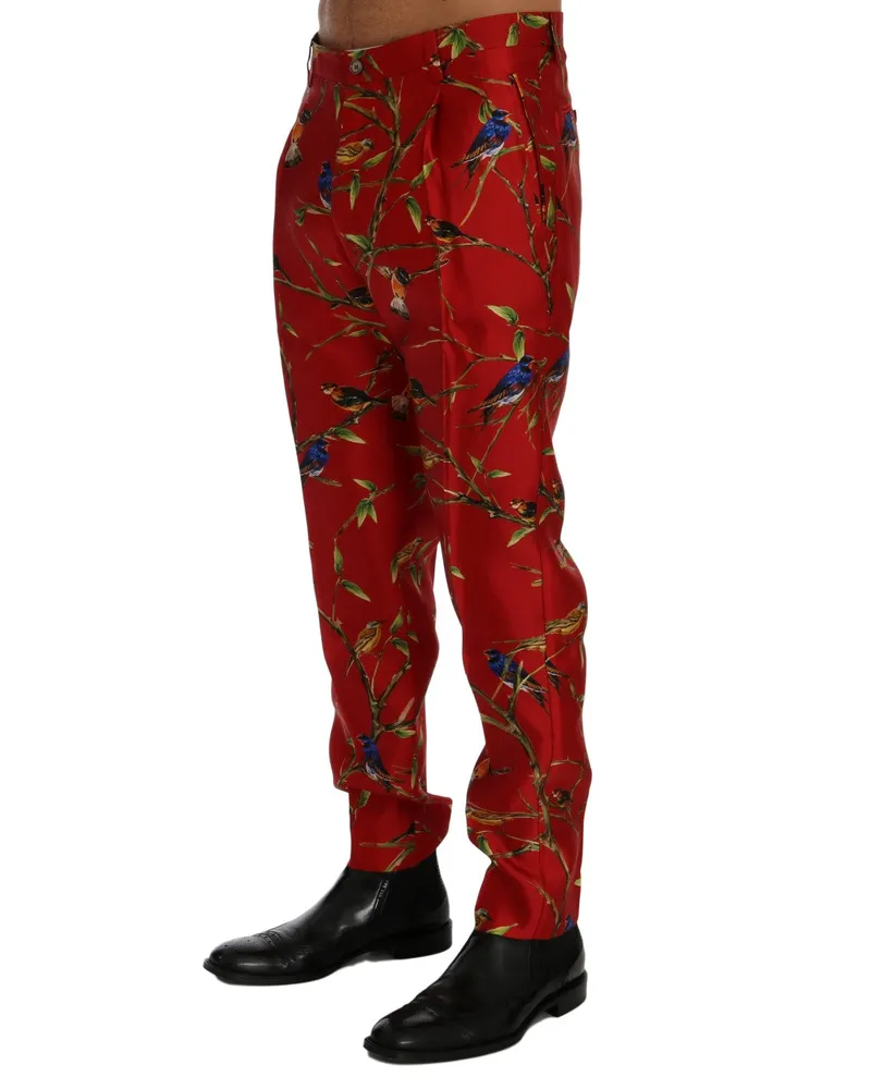 Dolce & Gabbana Men's Red Silk Bird Print Dress Pants Red