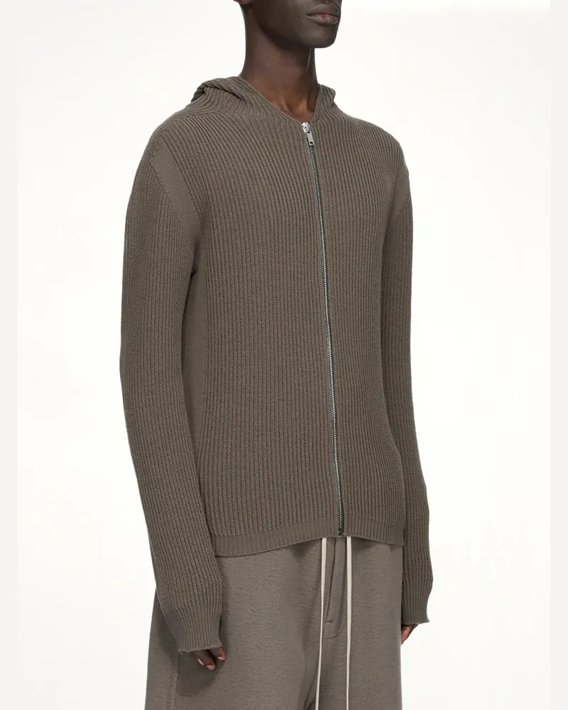 Rick Owens Men's Sweat Zippé À Capuche  En Maille Gris Poussière Brown Sweater Gray