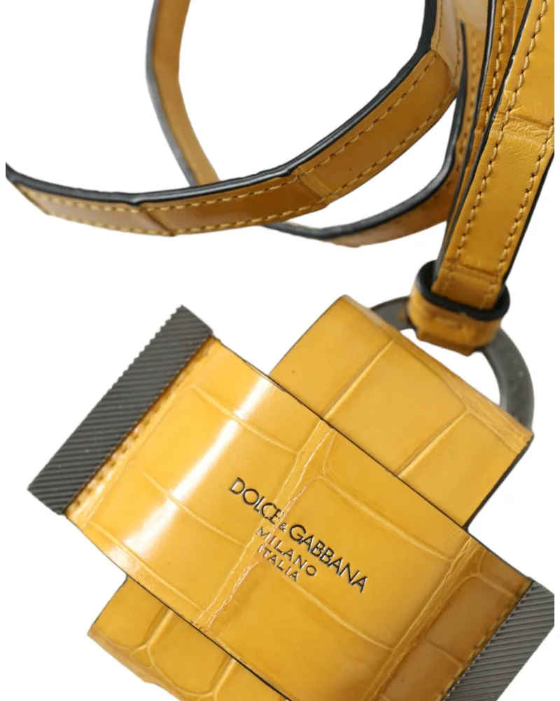 Dolce & Gabbana Women's Yellow Crocodile Leather Logo Print Lanyard Keychain Alligator Accessory Yellow