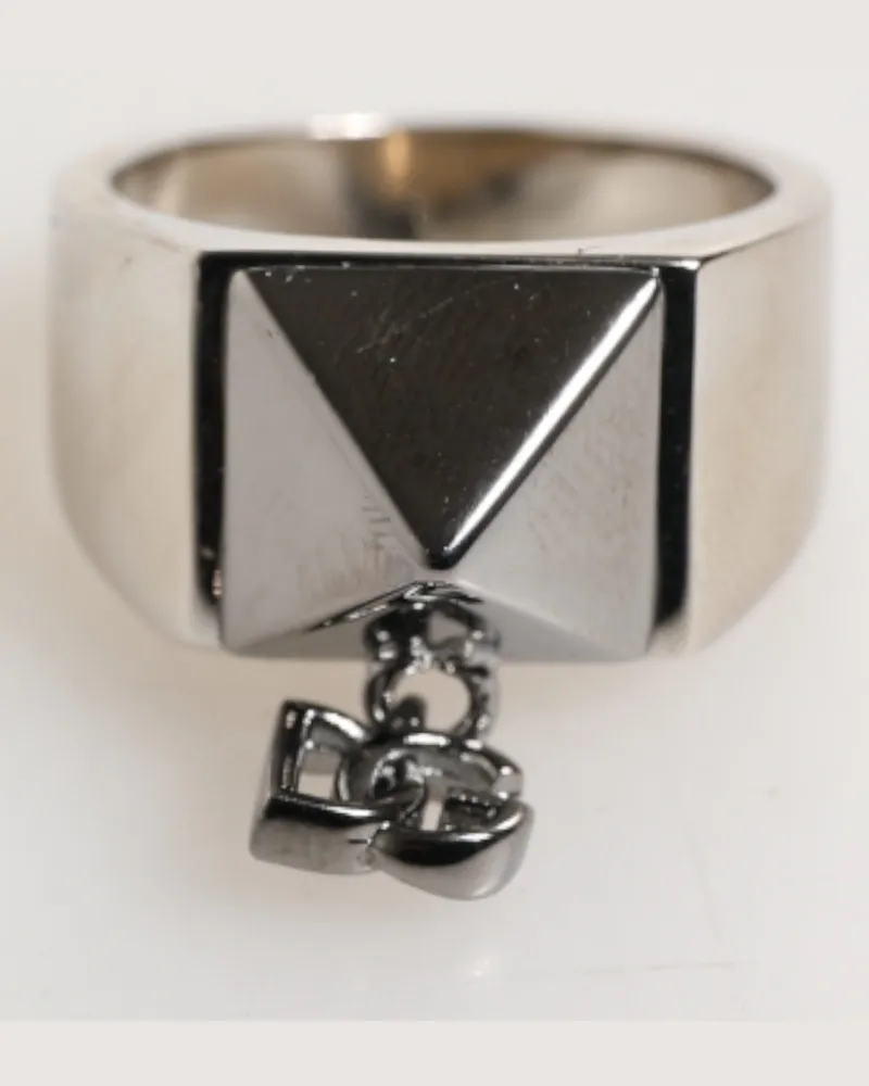 Dolce & Gabbana Men's Silver Tone Pyramid Dg Logo Real Brass Ring Silver