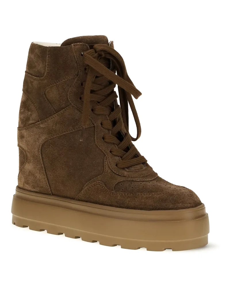 Casadei Women's Lace-Up Wedge Sneakers Burnt Suede Rubber Sole Boot Brown
