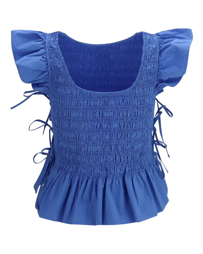 Ganni Women's Ruched Cotton Top With Side Bows Marina Cotton; Elastane Blue