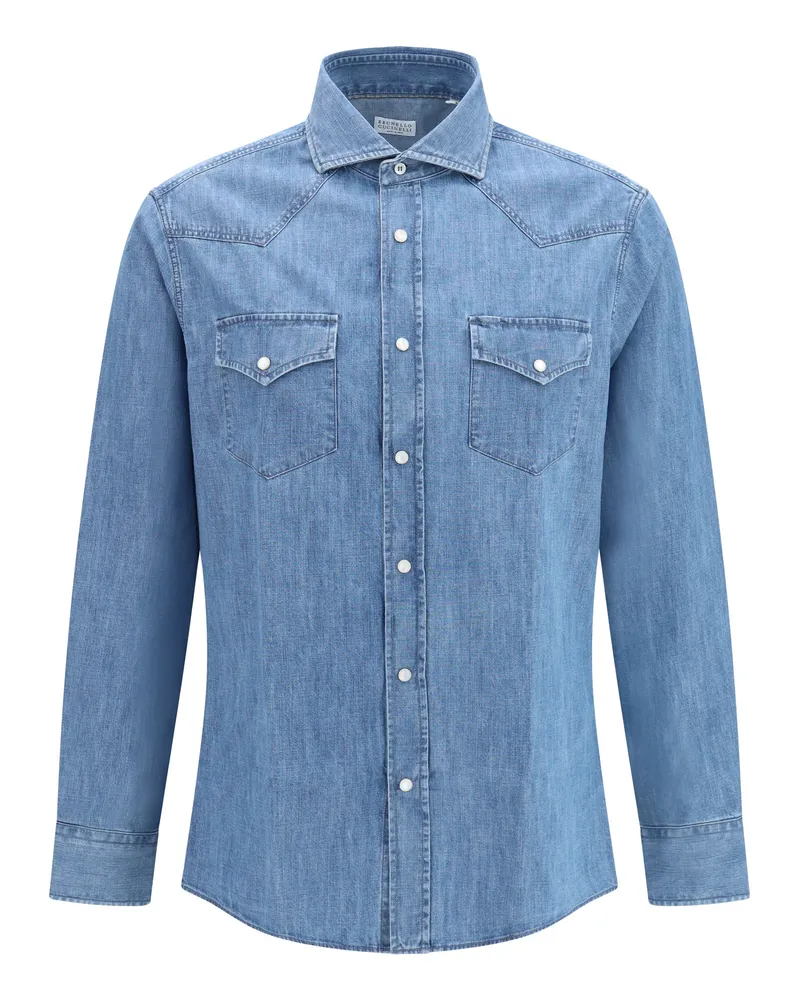 Brunello Cucinelli Men's Shirt Easy Fit Medium Wash Denim Cotton Blue