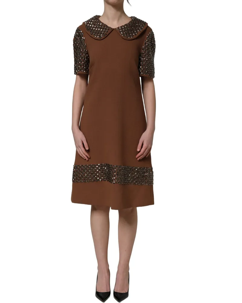 Dolce & Gabbana Women's Brown Wool Rhinestone Embellished Midi Dress Brown