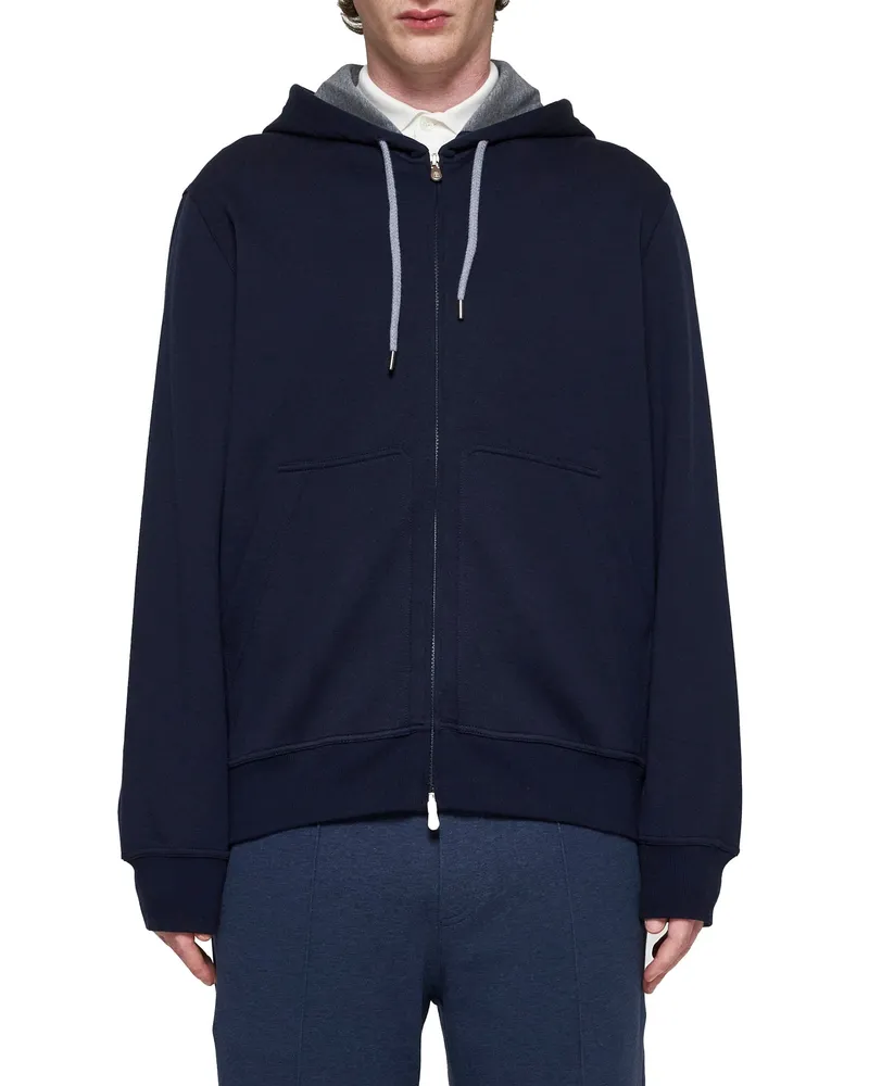 Brunello Cucinelli Men's Zip Hoodie Cotton-Blend Cobalt Blue Sweatshirts Sweater Navy