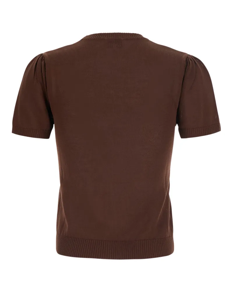 Ganni Women's Short-Sleeved Argyle Sweater — Brown Cotton Tops Top Brown