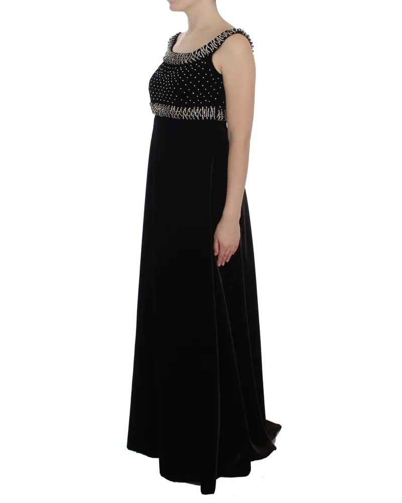 Dolce & Gabbana Women Brown Velvet Crystal Sheath Gown Dress Rayon Black