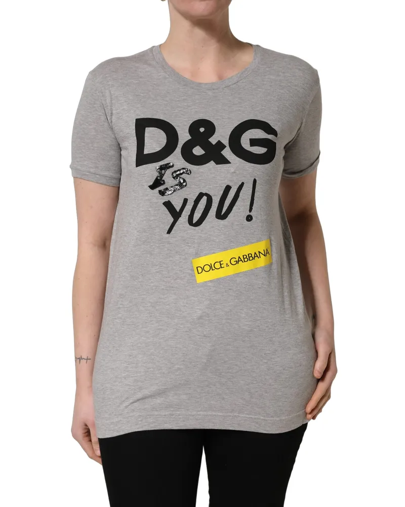 Dolce & Gabbana Women Gray Cotton Logo Printed Crew Neck T-Shirt Gray