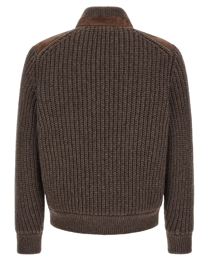 Brunello Cucinelli Suede and Ribbed Knit Hybrid Jacket — brown Brown