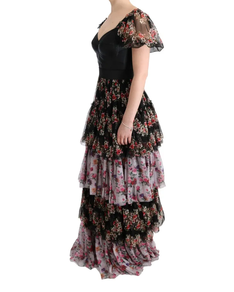 Dolce & Gabbana Women's Multicolor Silk Stretch Floral Shift Long Dress Black