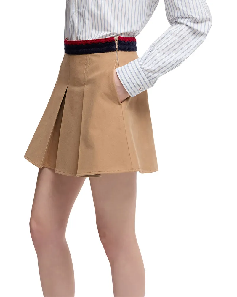 Moncler Cotton Gabardine Pleated Mini Skirt — Beige Beige