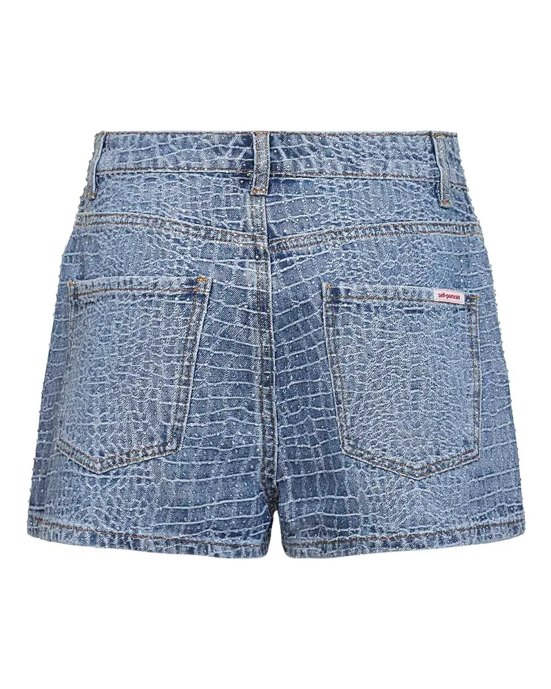 Self-Portrait Women's Shorts Croc-Effect Denim Blue Rhinestones Polyester 