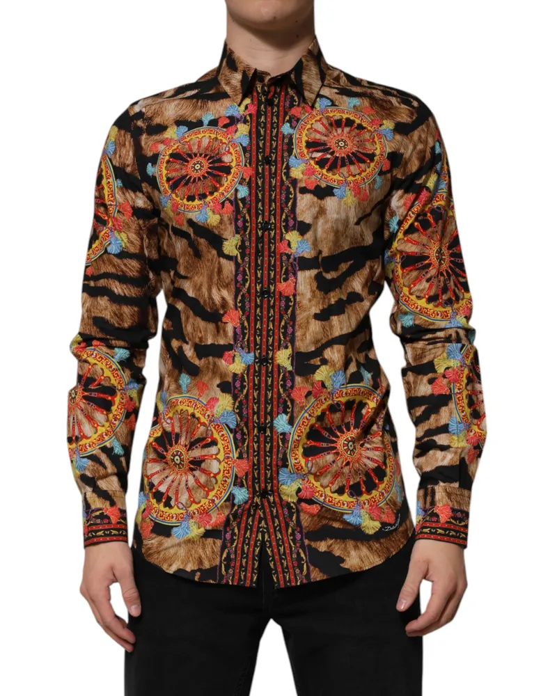 Dolce & Gabbana Men's Gold Cotton Tiger Carretto Long Sleeve Shirt Gold