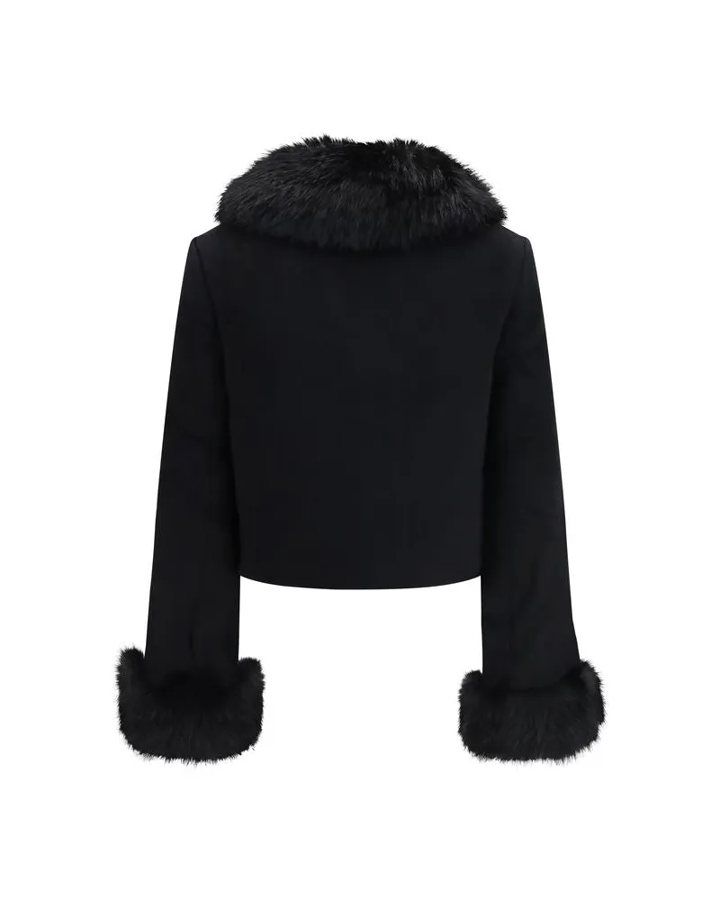Self-Portrait Wool with Faux Fur Trim Jacket — Black Black