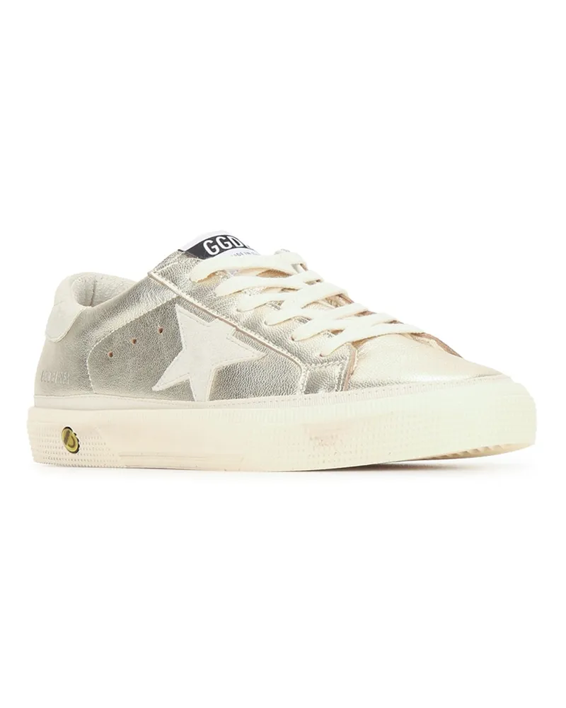 Golden Goose Boys' May Laminated Upper Suede Star And Heel Platinumgrey Sneaker White