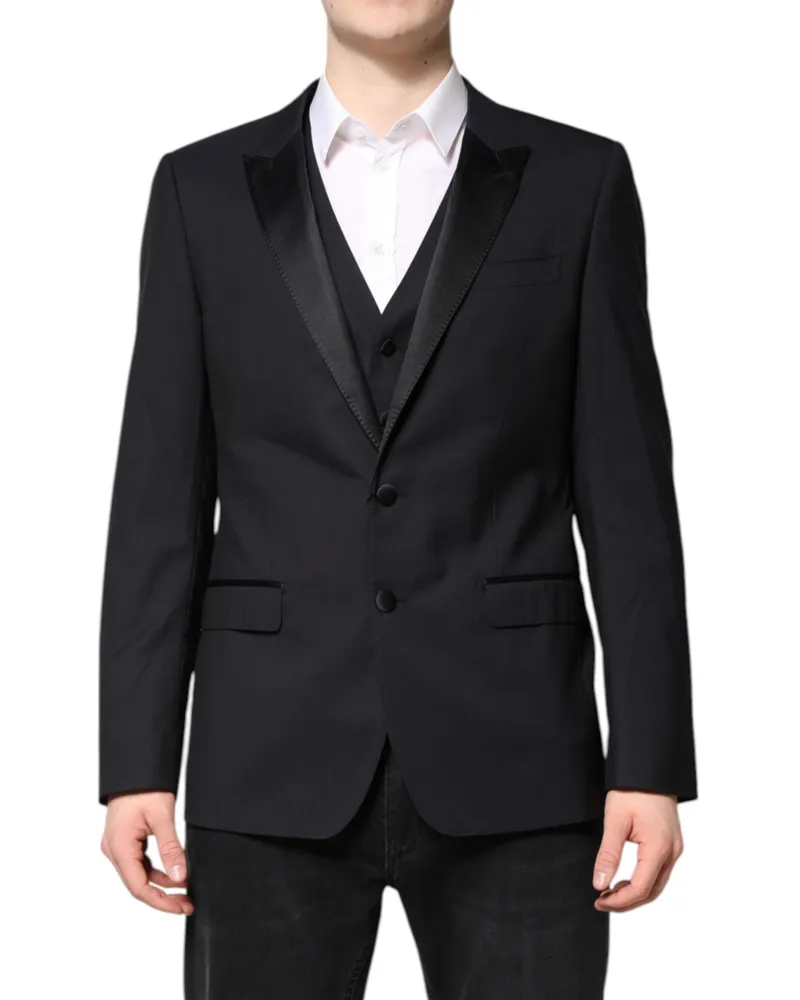 Dolce & Gabbana Men's Dark Blue Martini Wool Suit 2 Piece Jacket Virgin Silk Polyester Black