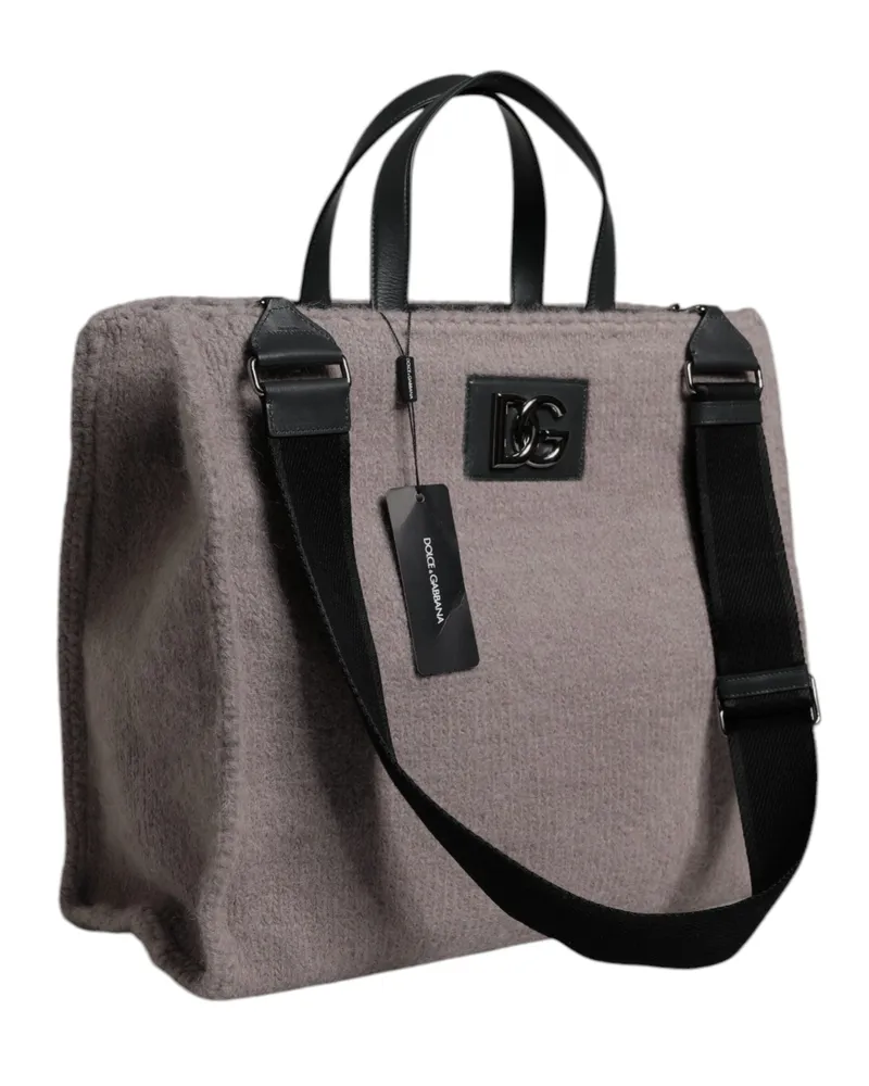 Dolce & Gabbana Men's Grey Alpaca Wool Logo Plaque Tote Shoulder Bag Gray Gray