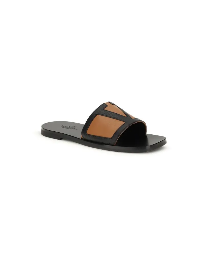 Valentino Garavani Men's Black Calf Leather Bos Taurus Flat Sandals Black