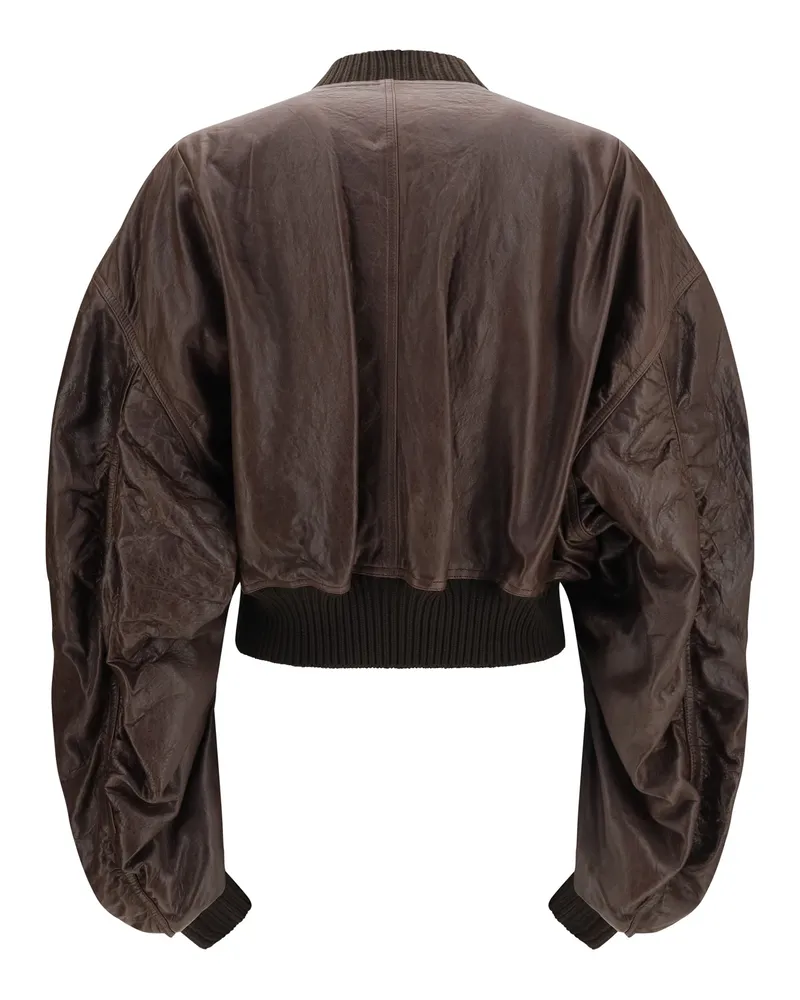 Rick Owens Women's Cropped Leather Bomber Jacket 84 Calf Bos Taurus Down Coat Brown