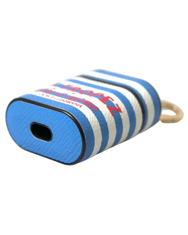 Dolce & Gabbana Women's Blue Stripe Dauphine Leather Logo Print Airpod Case Accessory Blue