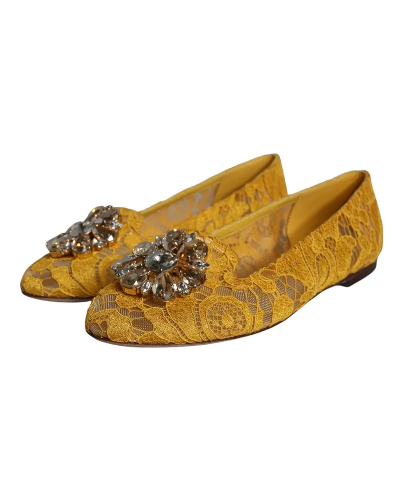 Dolce & Gabbana Women's Mustard Lace Crystal Ballet Flats Loafer Shoes Viscose Cotton Nylon Yellow