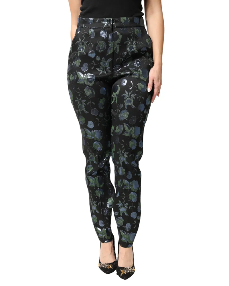 Dolce & Gabbana Women's Bluegreen Floral Metallic Slim Trouser Pants Blue Polyester Metallized Fiber Black