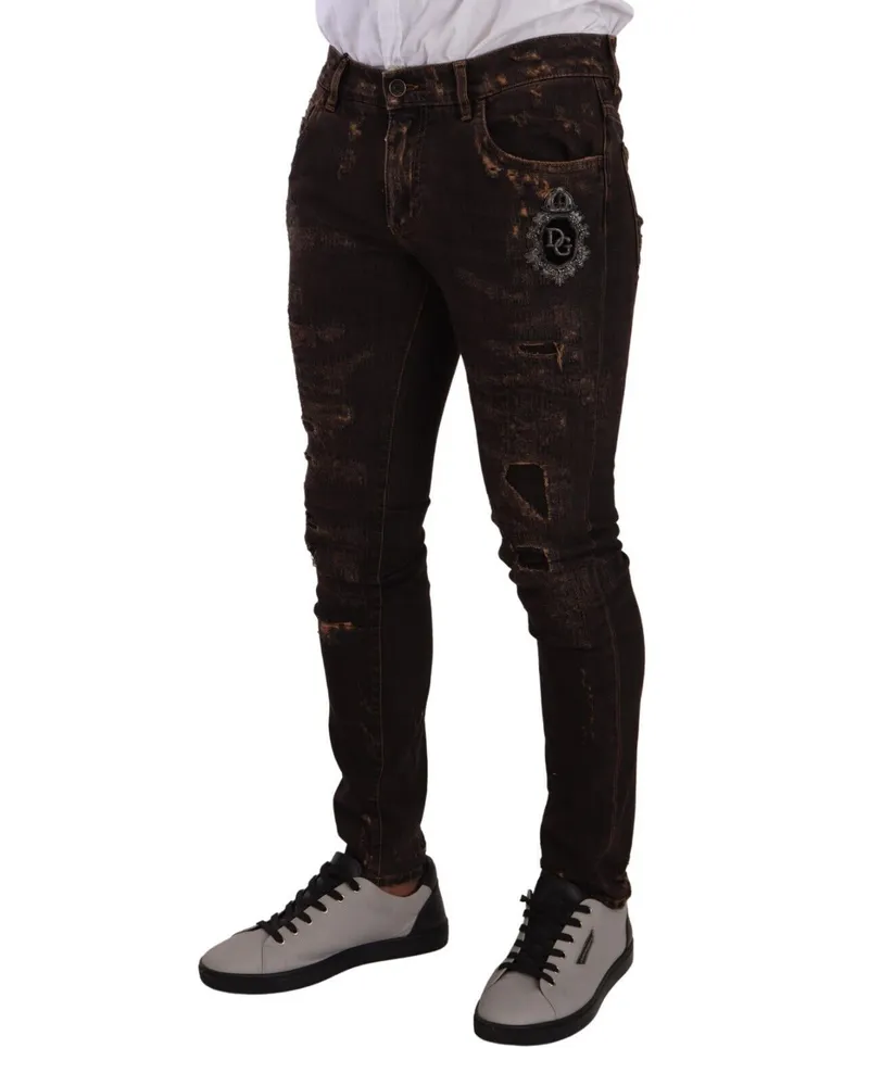 Dolce & Gabbana Men's Brown Distressed Slim Fit Skinny Denim Jeans Cotton Clothing Brown
