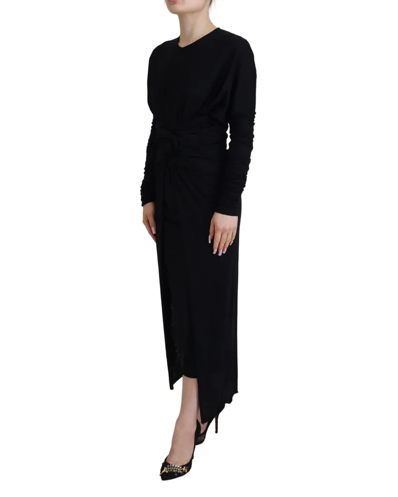 Dolce & Gabbana Women's Black Sheath Midi Gown Wool Wrap Dress Black
