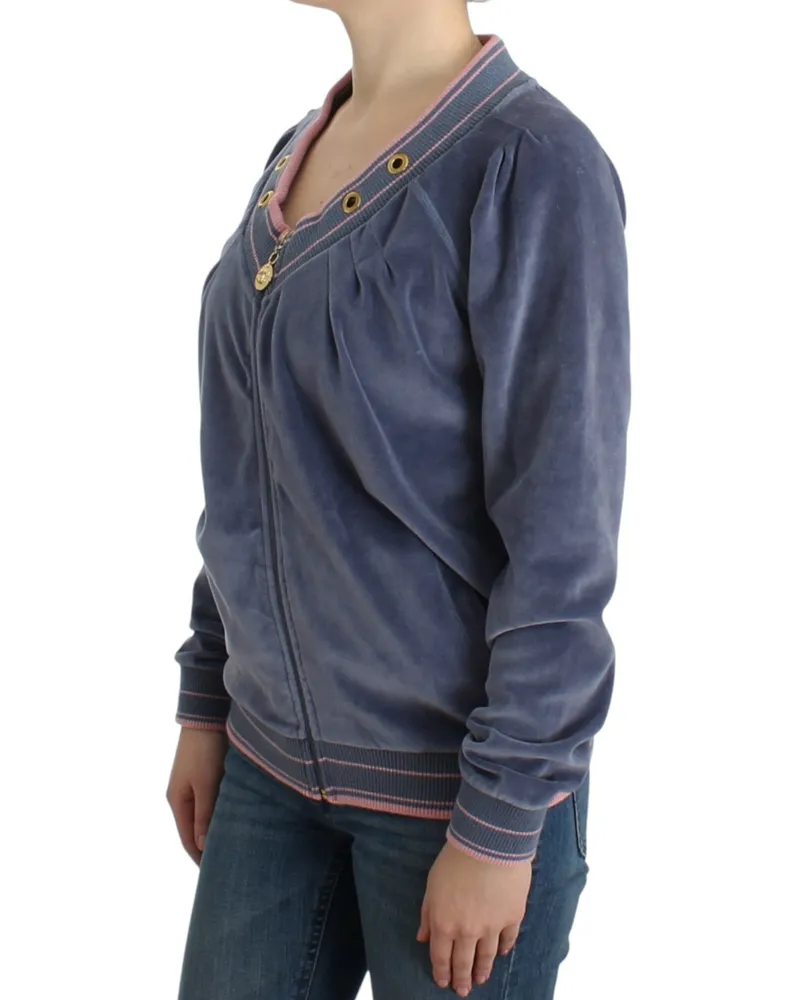 Roberto Cavalli Women's Blue Velvet Zipup Sweater Cotton Clothing Blue