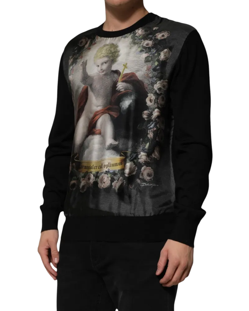 Dolce & Gabbana Men's Black Cashmere Cherub Print Baroque Sweater Silk Clothing Black
