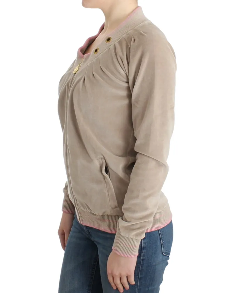 Roberto Cavalli Women Beige Velvet Zipup Sweater Cotton Clothing Beige