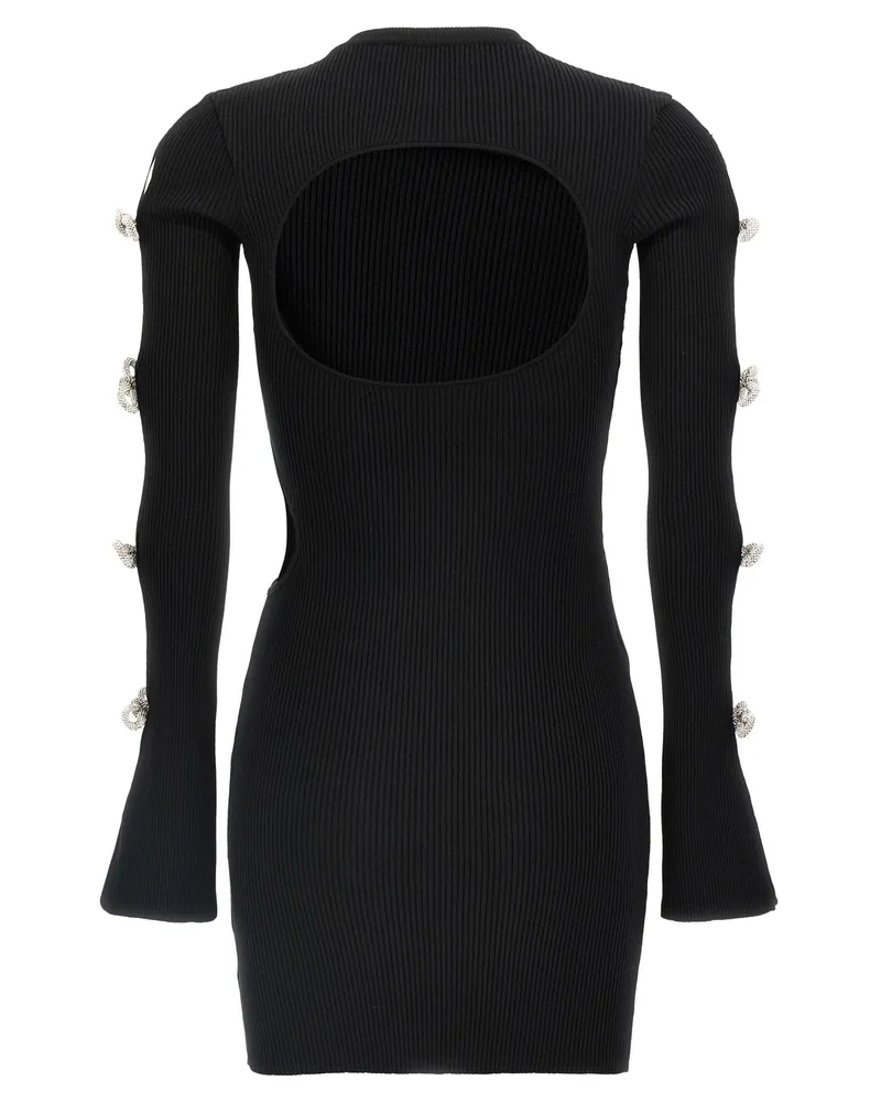 Mach & Mach Rhinestone-Bow Ribbed Viscose Bodysuit — Black Black