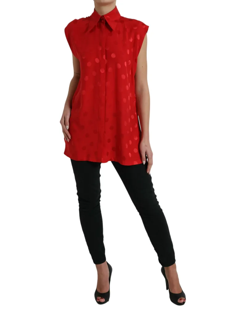 Dolce & Gabbana Women Red Polka Dot Sleeveless Collared Blouse Top Silk Red