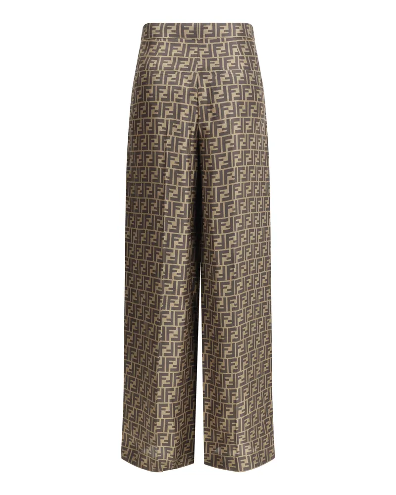 Fendi Women's Monogram Pattern Silk Pants Tobacco Trousers Brown