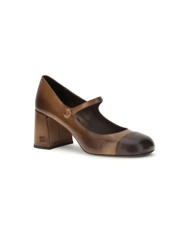 Miu Miu Calf Leather Cap-Toe Ballet Flat — Brown Brown