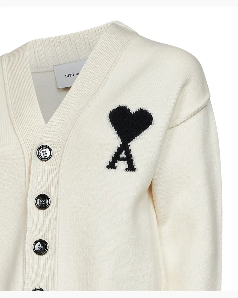 AMI Paris Intarsia-Knit Logo Cardigan — Ivory Ivory