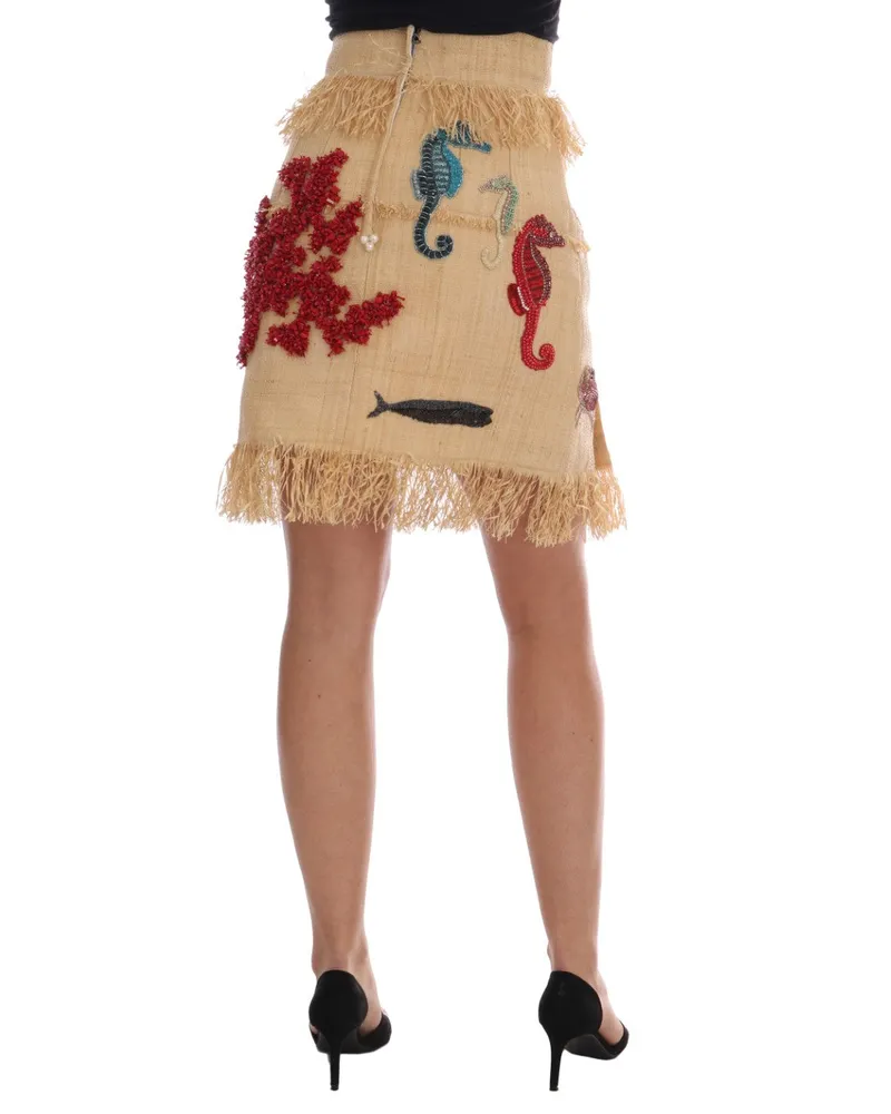 Dolce & Gabbana Women Crystal Beige Palm Fiber Skirt Beige