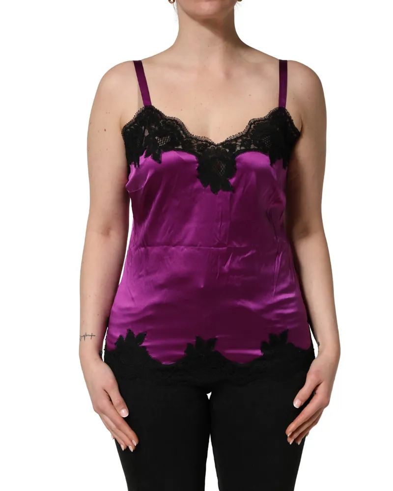 Dolce & Gabbana Women's Purple Silk Lace Trim Camisole Sleeveless Tank Top And Black Cotton Elastane Nylon Purple