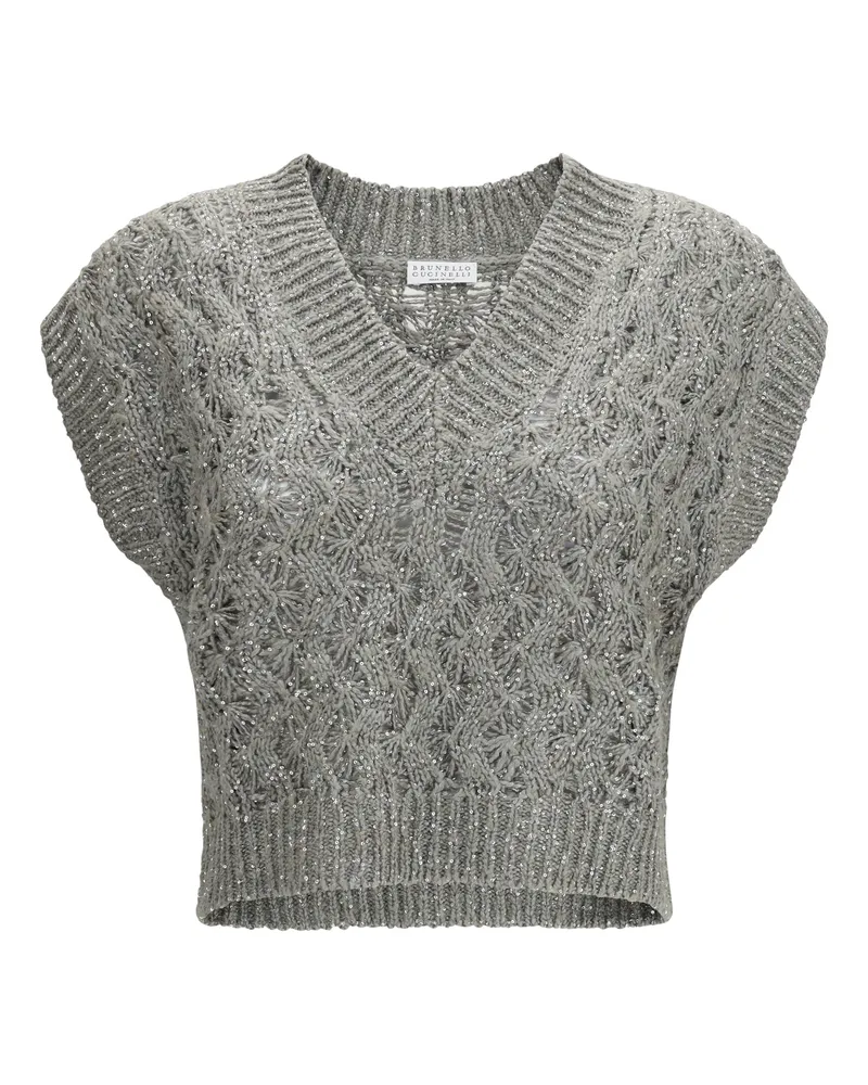 Brunello Cucinelli Women's Vest Silk-Blend Sequined Rosemary Knitwear Sweater Gray