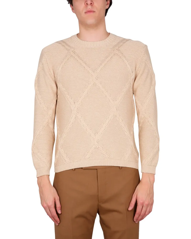 Ballantyne Cable Stitch Crew Neck Sweater — Beige Beige