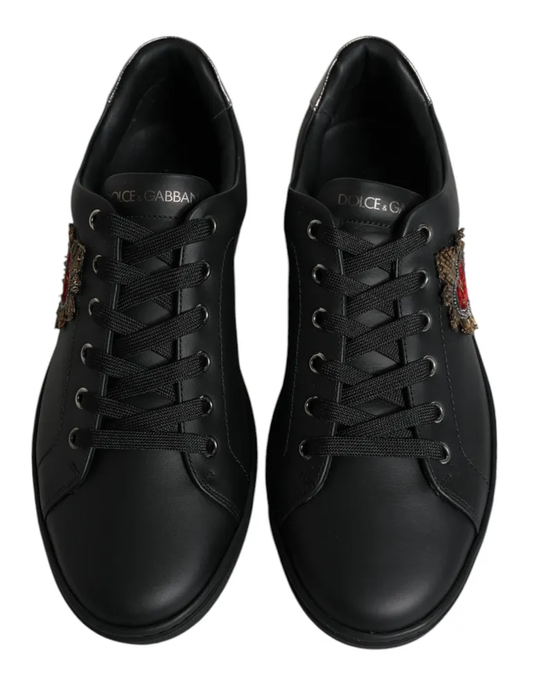 Dolce & Gabbana Black London Sacred Heart Men Sneakers Shoes Calf Leather Black