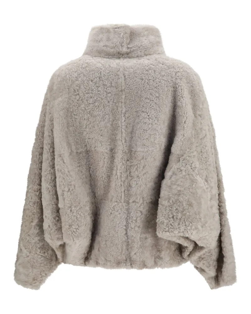 Brunello Cucinelli High-Neck Shearling Faux Fur Jacket — Gray Gray