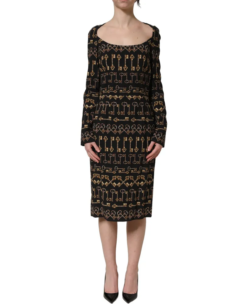 Dolce & Gabbana Women's Black Key Print Long Sleeves Sheath Midi Dress Viscose Black