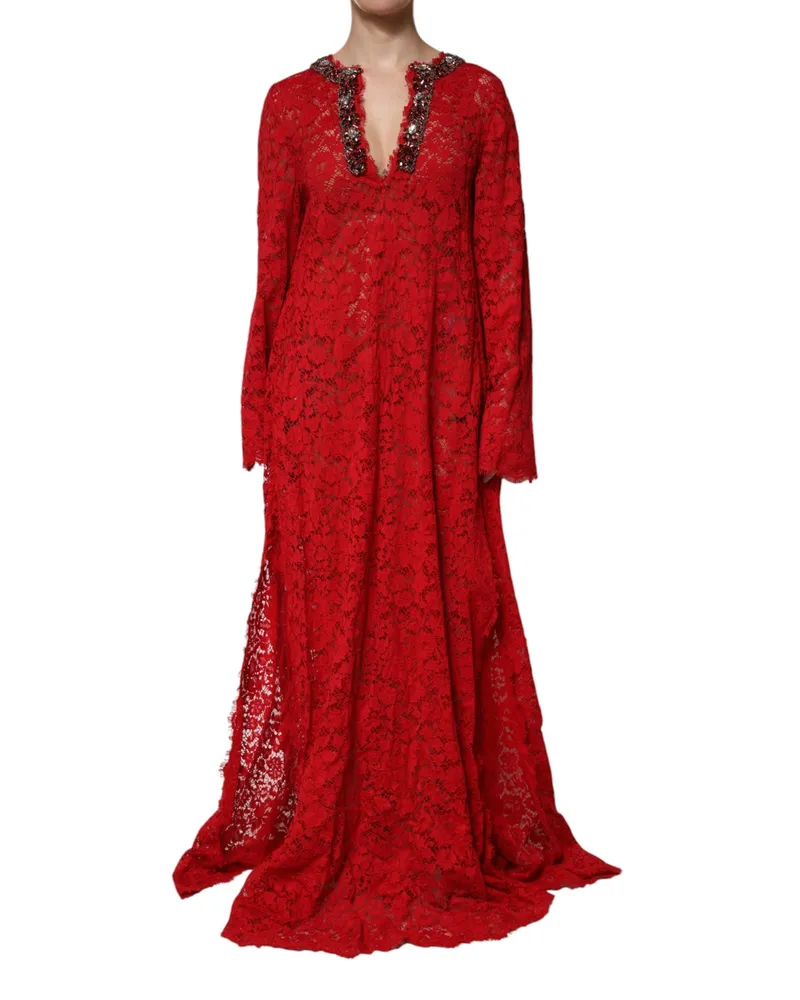 Dolce & Gabbana Women's Red Floral Lace Rhinestone Embellished Dress Cotton Viscose Nylon Red